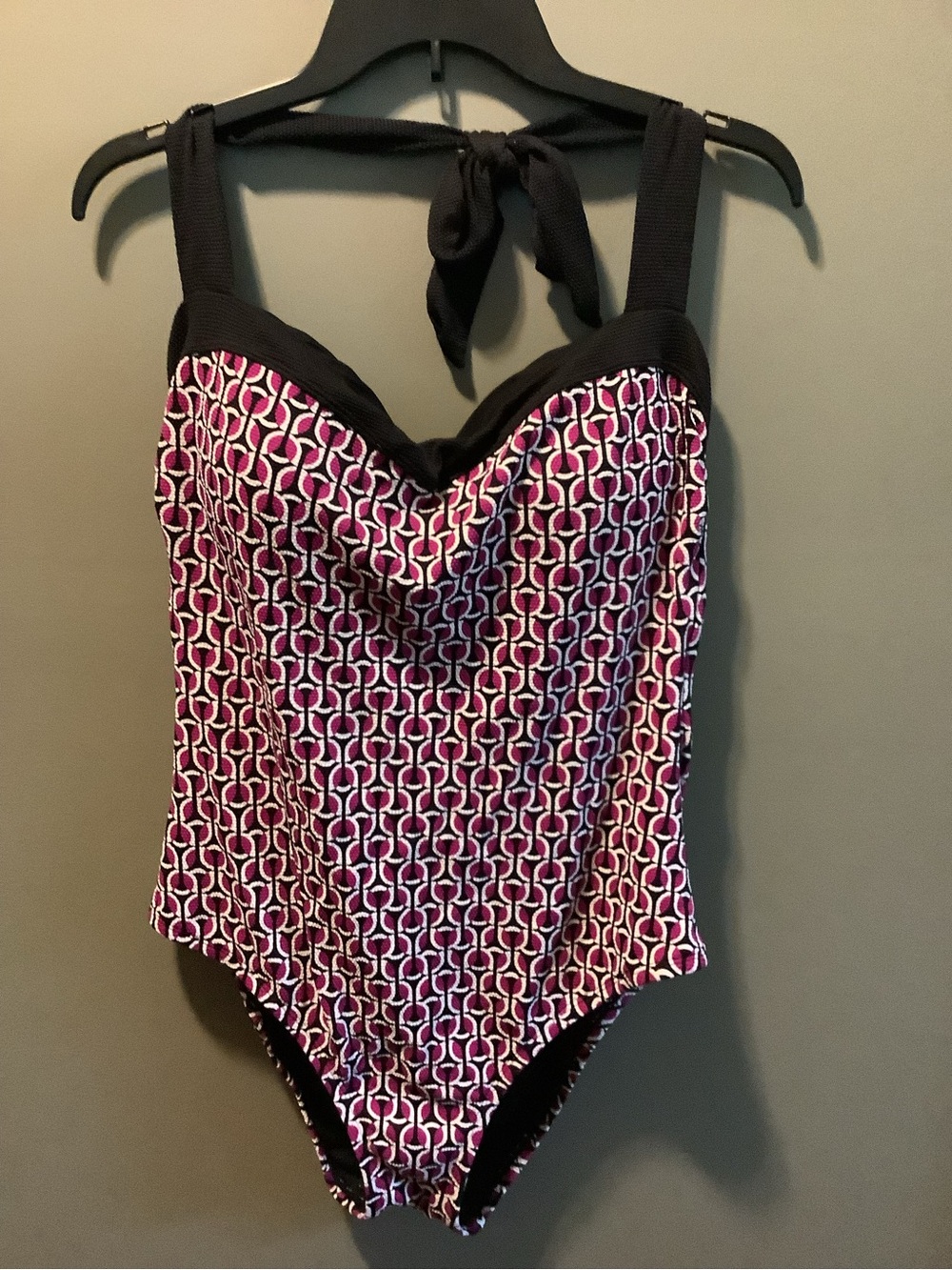 Lands' End Pink Geometric One-Piece Swim Suit with Black Trim